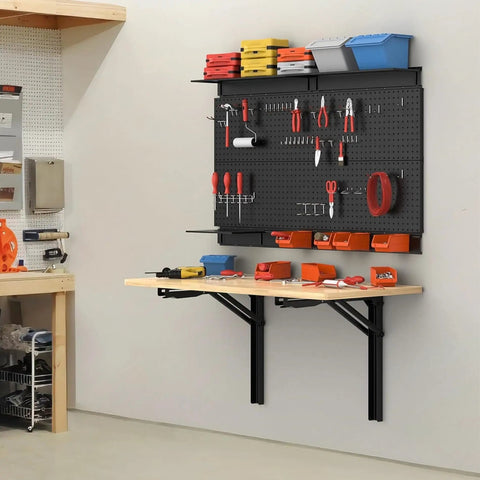 18 Inch Heavy Duty Wall Shelf Brackets Built Tough Rock Solid Collapsible Bracket Kit Supports 550 Lbs on a garage workspace