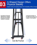 A-shaped heavy duty fabric roll storage rack with adjustable hanging rod, showing stability design and lockable wheels.