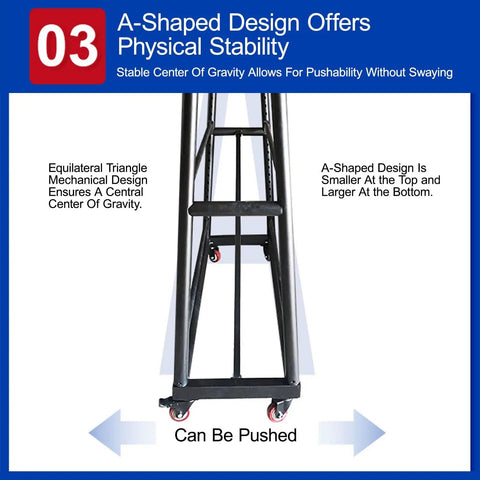A-shaped heavy duty fabric roll storage rack with adjustable hanging rod, showing stability design and lockable wheels.