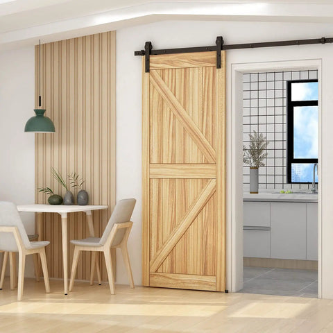 6 Foot Sliding Barn Door Hardware Kit With Floor Guide And Spring Damping Stopper, Ultra Quiet Smooth Operation, Black Finish