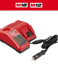 Vehicle 12V Charger For All M18 And M12 Batteries With Smart Sequential Charging Auto Second Pack Starts After First Is Full Built In Protective Electronics For Safe Vehicle Charging On The Fly, showing charger unit and cable