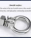 M12 304 Stainless Steel Eye Bolt With Nuts And Washer Anchoring Kit For Indoor Outdoor Use, Screw Eyebolts For Lifting And Securing, Built Tough, Rustproof 100mm Length, smooth surface close-up