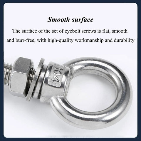 M12 304 Stainless Steel Eye Bolt With Nuts And Washer Anchoring Kit For Indoor Outdoor Use, Screw Eyebolts For Lifting And Securing, Built Tough, Rustproof 100mm Length, smooth surface close-up