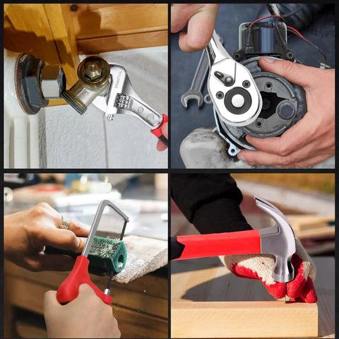 276-Piece Tool Set Kit With 12V Cordless Drill Driver, showing use of various hand tools including wrench, saw, and hammer.