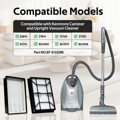 Compatibility chart for HEPA Vacuum Filter Replacement For Upright Models 53296 40195 And Canister Vacuum Cleaners Models 22614 10065 31140