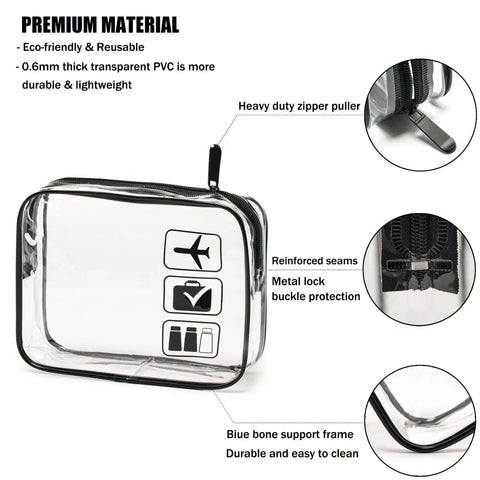 Clear Travel Toiletry Bag Set TSA Approved 3 Piece Quart Size Carry On Bags For Women And Men See Through Cosmetic Makeup Bags For Airport Security Durable Multicolor Design, showing premium material details like heavy duty zipper, reinforced seams, and metal lock buckle on a transparent PVC bag.