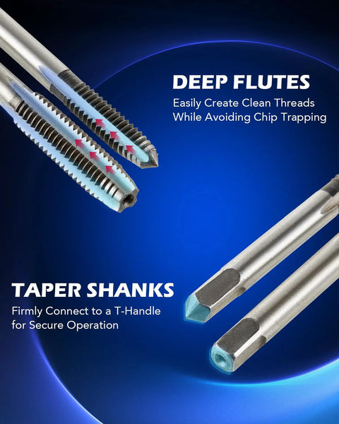 Orion Motor Tech SAE tap and die set with taper shanks; silver metal taps and dies for threading and rethreading