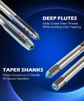 Metric Tap And Die Set Kit Pro Grade All In One With Long Handled Wrench And T Handles showing deep flutes and taper shanks