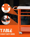 Rock Solid Welding Workbench Table 35X24 Inches With Lockable Swivel Casters And Adjustable Tool Tray showing stable structure and 2mm thick storage panel.