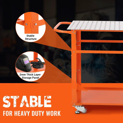 Rock Solid Welding Workbench Table 35X24 Inches With Lockable Swivel Casters And Adjustable Tool Tray showing stable structure and 2mm thick storage panel.