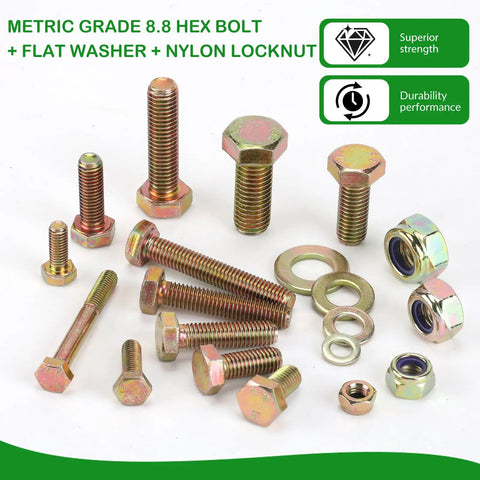 1020Pcs Metric Hex Bolt And Nylon Locknut Assortment Kit Packed With Grade 8.8 Alloy Steel And Zinc Galvanized Washers for automotive repair.