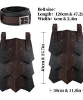 Medieval Faux Leather Wide Belt With Thigh Armor And Dual Side Skirt Armor For LARP And Cosplay in black, with dimensions shown