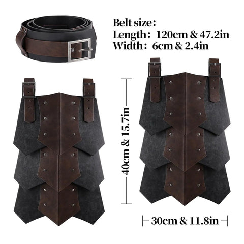 Medieval Faux Leather Wide Belt With Thigh Armor And Dual Side Skirt Armor For LARP And Cosplay in black, with dimensions shown
