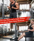 Two fit men demonstrating exercises using 2 Pack Rotating Pulley Attachment For 3x3 Power Rack Swivel Aluminum Cable Setup.