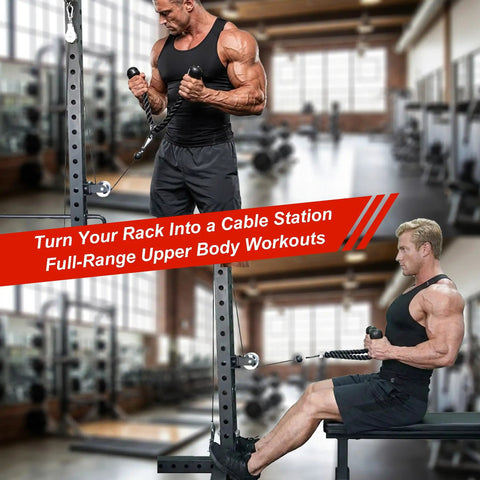 Two fit men demonstrating exercises using 2 Pack Rotating Pulley Attachment For 3x3 Power Rack Swivel Aluminum Cable Setup.