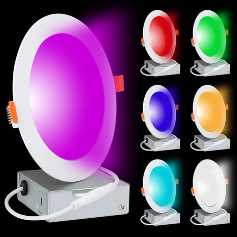 Color Changing 6 Inch Slim LED Recessed Light Kit With Junction Box, Smart WiFi Downlights, showing various color options