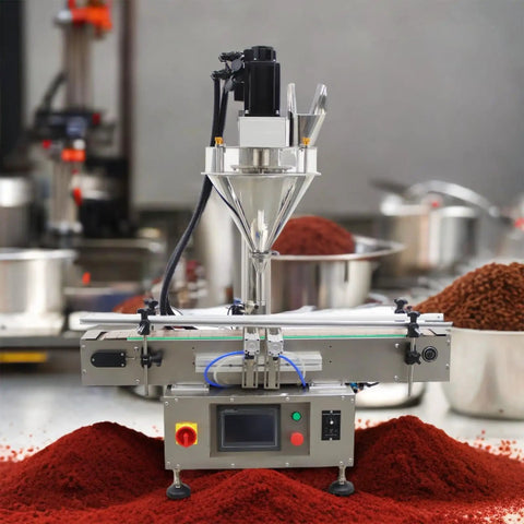 Plug And Play Desktop Automatic Powder Filler With Heavy Duty Conveyor Handles 10 To 200 Grams Perfect For Coffee Sugar Feed Packaging 15 Liter Capacity with 10-200g measuring hopper and conveyor.