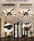 Plug-in ceiling fans with lights and remote,low profile 3 colors Dimming, showcasing two installation methods and a 16.4FT power cord.