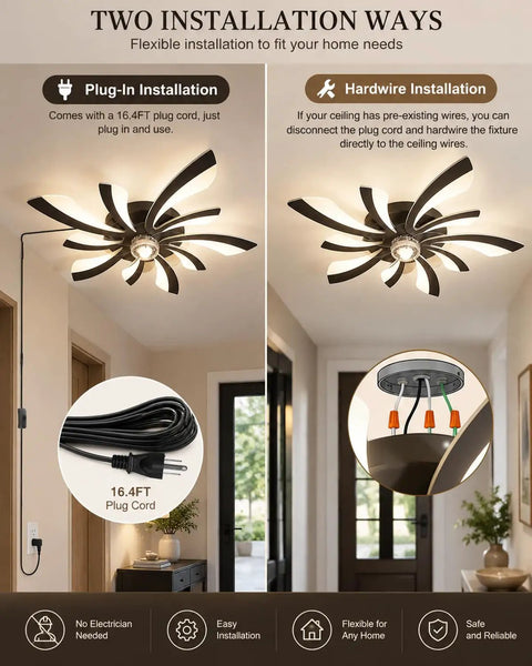 Plug-in ceiling fans with lights and remote,low profile 3 colors Dimming, showcasing two installation methods and a 16.4FT power cord.