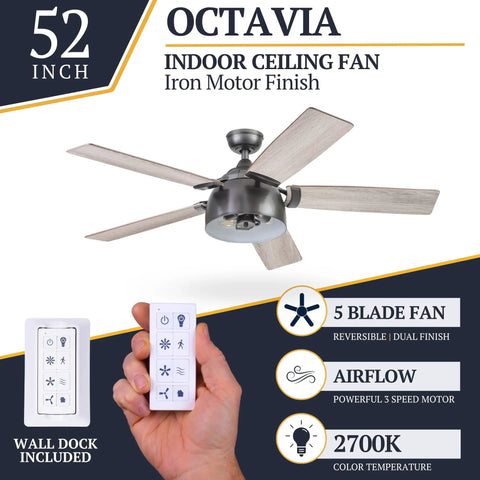 Industrial 52 Inch LED Ceiling Fan With Remote Light Kit, dual mounting, reversible motor, five dual finish blades, iron finish