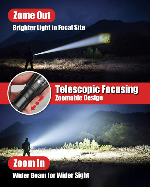 Two Pack LED Flashlight Set With Zoomable Beam Five Modes Waterproof Tactical Torch For Outdoors Camping Hiking Dorm Room Essentials Perfect Gift For Men Heavy Duty Ultra Bright Night Light showcasing zoom in and out beam in night outdoors.