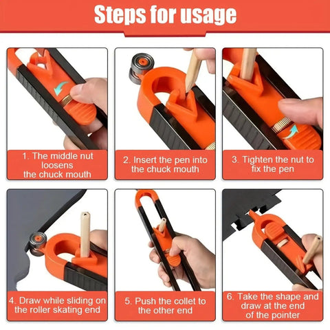 Steps for using Precision Contour Scribe Tool With Lock Pin Slick Woodworking Measuring Ruler for tile and laminate cutting.