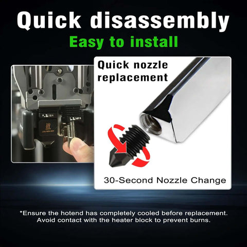 Close-up of 2 Pack 0.2mm Hardened Steel Hotend Kit for H2D H2S H2C P2S with quick swap nozzle and silicone socks, showing easy installation.