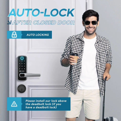 Man holding coffee smiling beside a Smart Door Lock with Fingerprint Scanner and Keypad Digital Entry for easy access