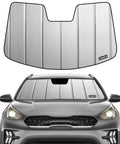 Premium Windshield Sun Shade For Kia Niro And Niro EV 2023 To 2026 Gen 2 accordion design in silver faux leather protecting dashboard.