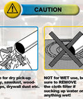 Caution label for 5 Pack VRC2 Replacement Cloth Vacuum Filters For Vacmaster showing dry and wet use instructions