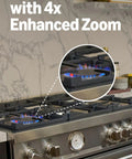 Wireless Indoor Security Camera With Retinal 2K Video And 6X Optical Zoom For Crisp True Color Footage Day Or Night Straight Up Solid Home Safety Monitor Black capturing kitchen stove flames in 2K.