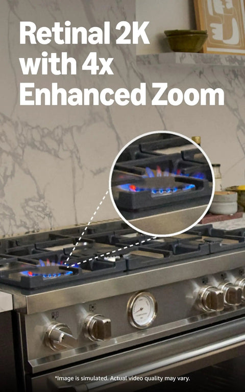 Wireless Indoor Security Camera With Retinal 2K Video And 6X Optical Zoom For Crisp True Color Footage Day Or Night Straight Up Solid Home Safety Monitor Black capturing kitchen stove flames in 2K.