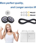 Complete Dryer Drum Roller Kit With Idler Pulley And Belt Replacement Set For Maytag Kenmore Crosley Amana Jenn Air Clothes Dryers Squeak Free Smooth Performance Easy DIY Fix shown with components, happy woman giving thumbs up, white washer and dryer.