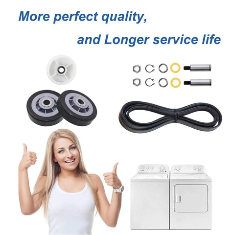 Complete Dryer Drum Roller Kit With Idler Pulley And Belt Replacement Set For Maytag Kenmore Crosley Amana Jenn Air Clothes Dryers Squeak Free Smooth Performance Easy DIY Fix shown with components, happy woman giving thumbs up, white washer and dryer.