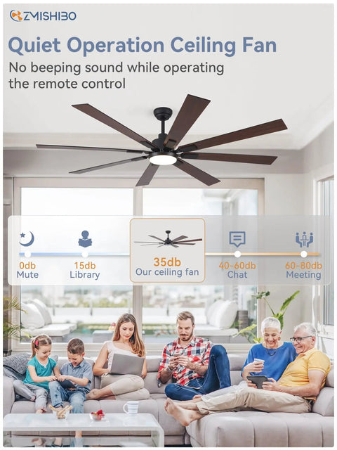 Quiet operation ceiling fan in living room setting, part of Huge 72 Inch Ceiling Fan With Lights And Remote For Indoor Outdoor Use Black Modern Design.