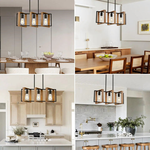 Modern Farmhouse 23.6 Inch Kitchen Island Light With Three Lights, Rectangular Dining Table Chandelier, E26 Base, Wood Frame