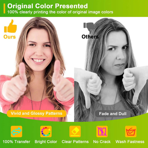 Comparison of vibrant color vs dull color on DTF Transfer Film Kit 13x19 Inches A3 Plus 50 Sheets Double Sided Matte Clear.