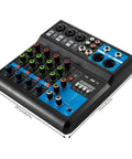 Five Channel Mini DJ Mixer With Bluetooth And USB Playback, Phantom Power, MP3 Stereo Input Output, top view with dimensions