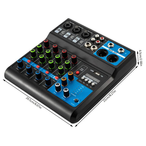 Five Channel Mini DJ Mixer With Bluetooth And USB Playback, Phantom Power, MP3 Stereo Input Output, top view with dimensions