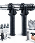 Heavy Duty Electric Rivet Gun Adapter Kit With Removable Handle And Four Rivet Heads, featuring dual handles and rivet heads for metal fastening.