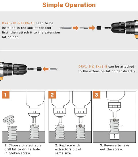Instructional diagram showing Damaged Screw Extractor Kit 22 Piece Set For Home DIY And Garden Projects Easy Out Stripped Screw Remover