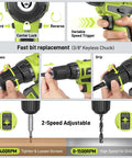 Smooth Operator 20V Cordless Drill Driver With 199 Piece Power Tool Set showing keyless chuck, grip, and speed settings for versatile uses.
