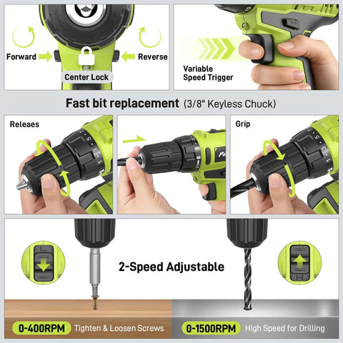 Smooth Operator 20V Cordless Drill Driver With 199 Piece Power Tool Set showing keyless chuck, grip, and speed settings for versatile uses.