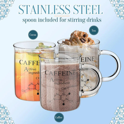 Lab Week Chemistry Gift Set Caffeine Beaker Coffee Mug in use with cocoa, tea, and coffee, showcasing caffeine molecule design.