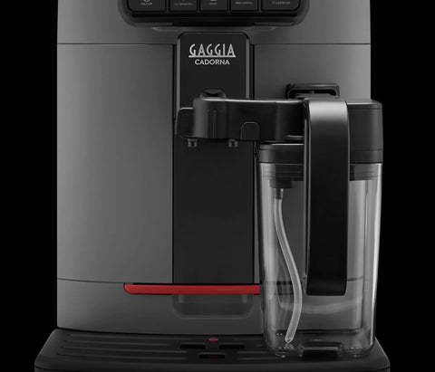 Automatic Espresso And Over Ice Coffee Maker With Professional Auto Milk Frother For Bold Iced Refreshers And Daily Grind Dominance In Sleek Moonlight Grey front view with clear plastic milk jug.