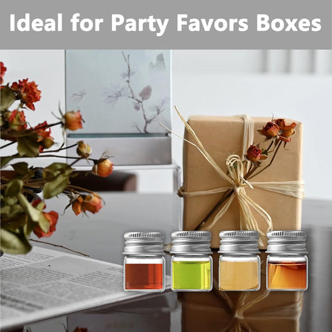 Four Pack 5ml Glass Jars With Lids Tiny Mini Bottles For DIY Crafts Storage And Decor Screw Cap Containers next to a wrapped gift