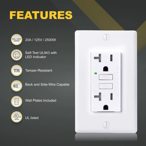 20 Amp GFCI Outlet With Tamper Resistant GFI Duplex Receptacle LED Indicator Self Test ETL Listed White Wall Plate