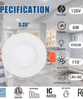 Dope 3 Inch LED Recessed Light Kit 6 Pack Ultra Thin Dimmable Wafer Downlights With Junction Box 3 Color Temp 3000K 4000K 5000K 6W Equivalent To 45W 450 Lumens ETL Energy Star Certified, showing light specifications and living room setup.