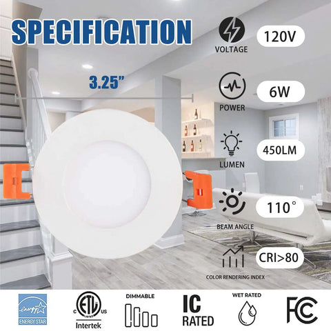 Ultra Slim 4 Inch LED Recessed Downlight with specifications and certifications displayed in living room setting