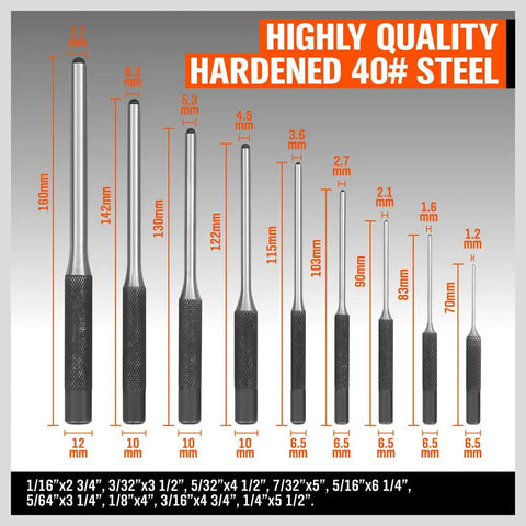 Roll Pin Punch Set 9 Pieces With Holder For Automotive, Watch Repair, Jewelry And Craft Projects; Chrome Vanadium Steel